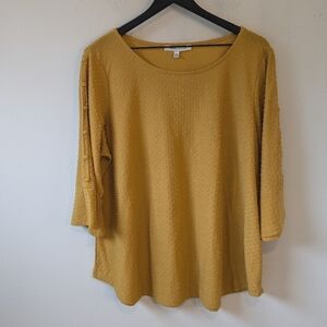 Rose + Olive Mustard Yellow Swiss Dot Button Detail Bell Sleeve Blouse Shirt 2X